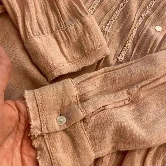 Women's Pink Cotton Gauze Frayed Boho Collared Blouse Large Love Haight - Picture 7 of 13